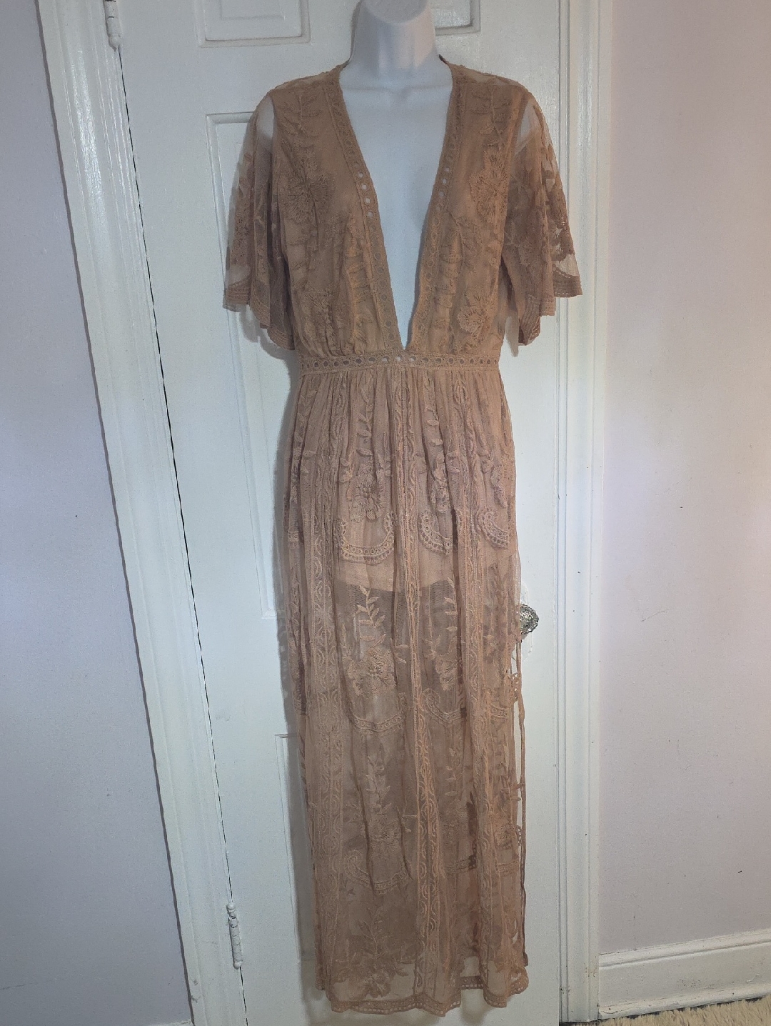 Honey Punch Nude Taupe Lace Plunge Maxi Dress
